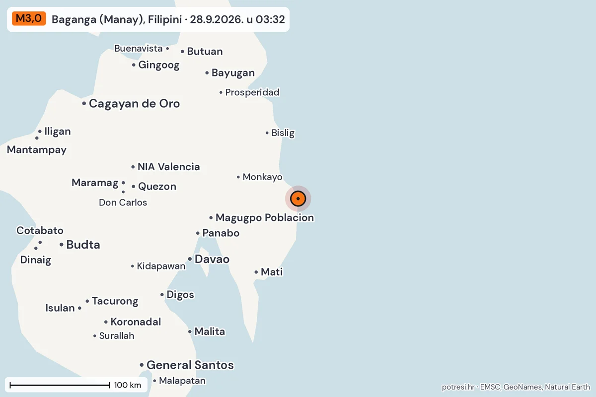 Karta: šire područje, 600 km, potres M3,0, Baganga (Manay), Filipini, 28.9.2026.