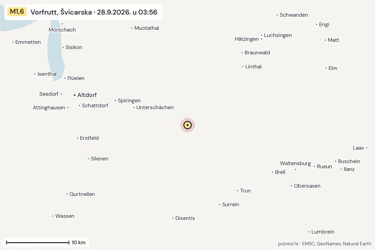 Karta: okolica epicentra, 60 km, potres M1,6, Vorfrutt, Švicarska, 28.9.2026.