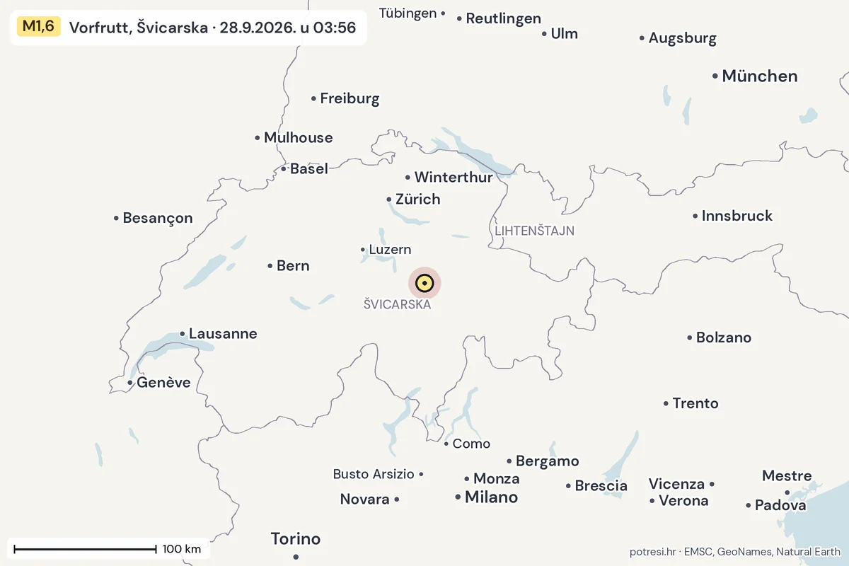 Karta: šire područje, 600 km, potres M1,6, Vorfrutt, Švicarska, 28.9.2026.