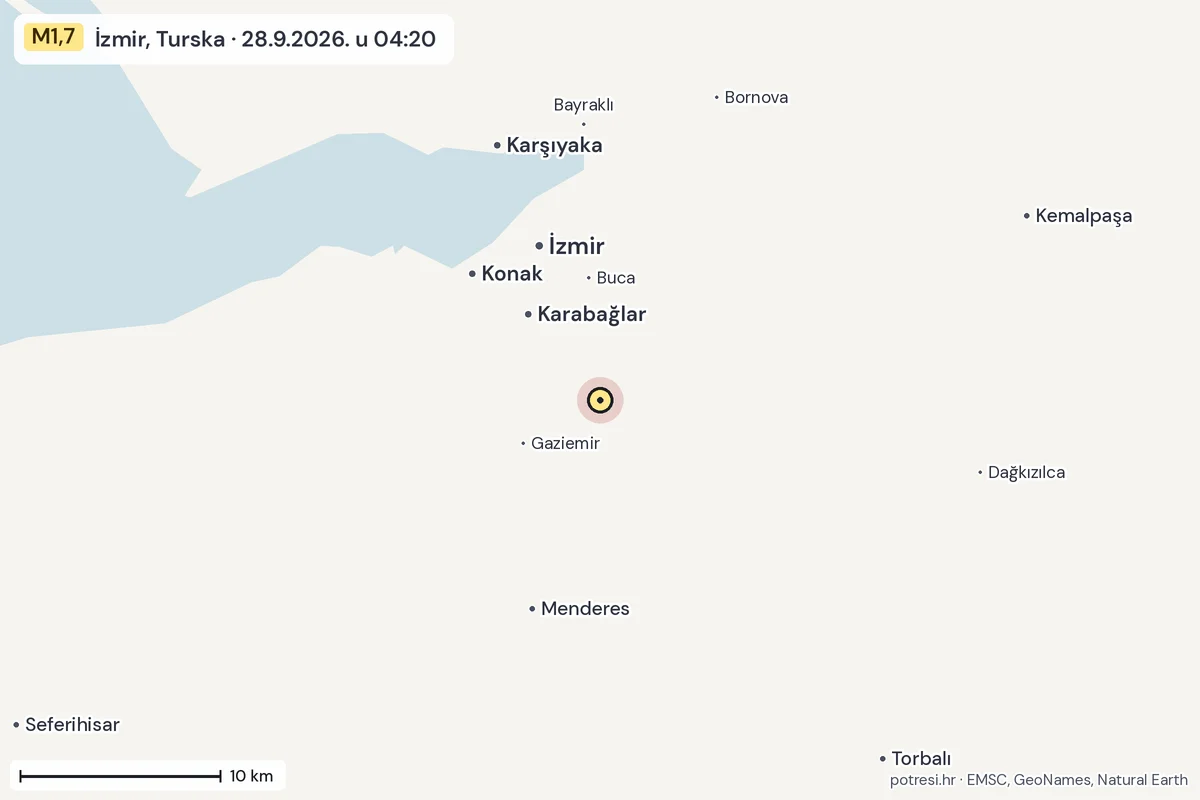 Karta: okolica epicentra, 60 km, potres M1,7, İzmir, Turska, 28.9.2026.