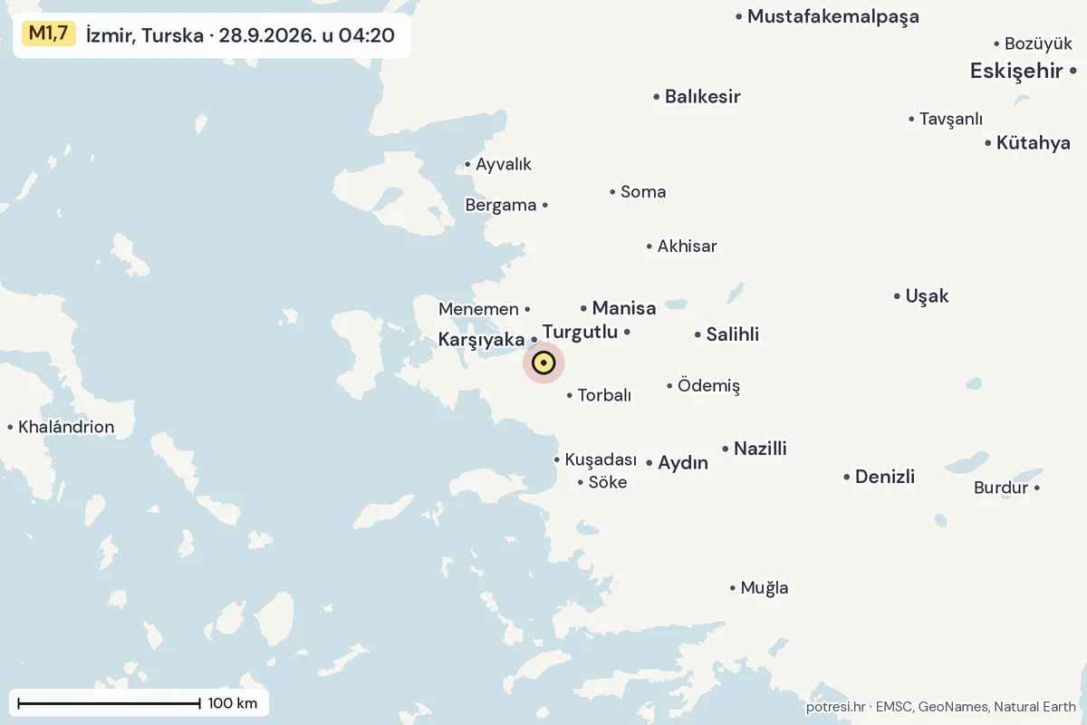 Karta: šire područje, 600 km, potres M1,7, İzmir, Turska, 28.9.2026.