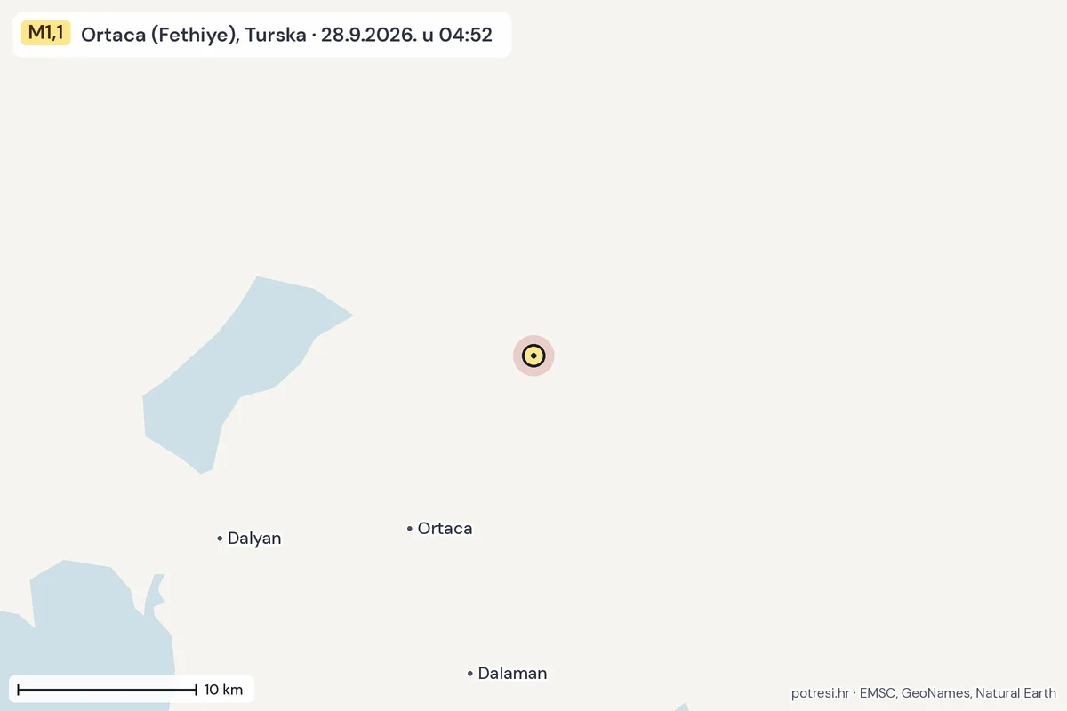 Karta: okolica epicentra, 60 km, potres M1,1, Ortaca (Fethiye), Turska, 28.9.2026.