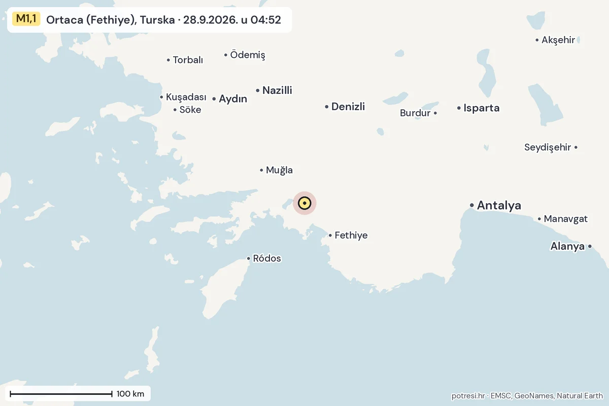 Karta: šire područje, 600 km, potres M1,1, Ortaca (Fethiye), Turska, 28.9.2026.