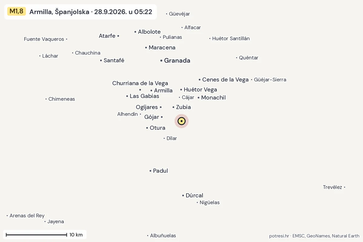 Karta: okolica epicentra, 60 km, potres M1,8, Armilla, Španjolska, 28.9.2026.