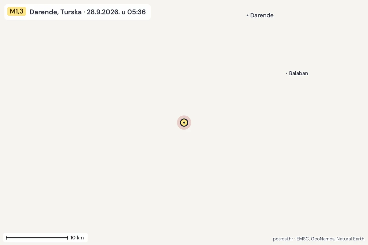 Karta: okolica epicentra, 60 km, potres M1,3, Darende, Turska, 28.9.2026.