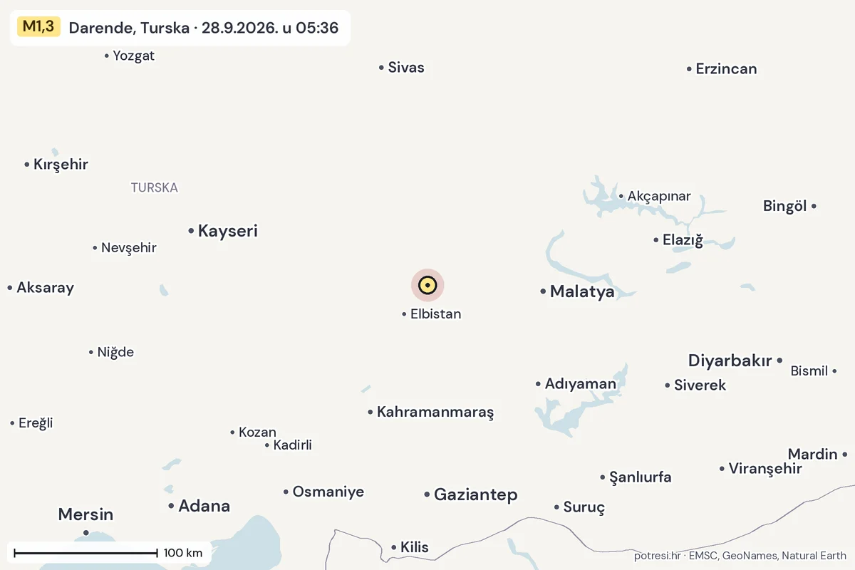 Karta: šire područje, 600 km, potres M1,3, Darende, Turska, 28.9.2026.