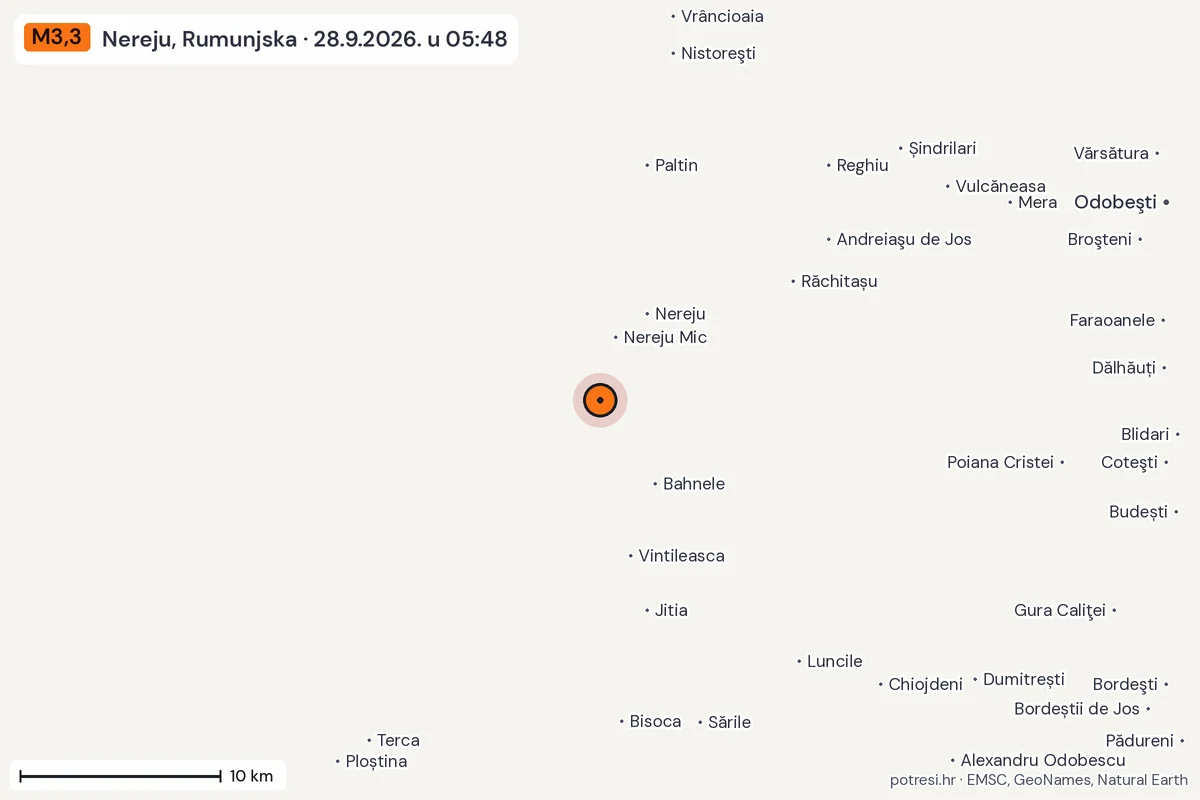 Karta: okolica epicentra, 60 km, potres M3,3, Nereju, Rumunjska, 28.9.2026.