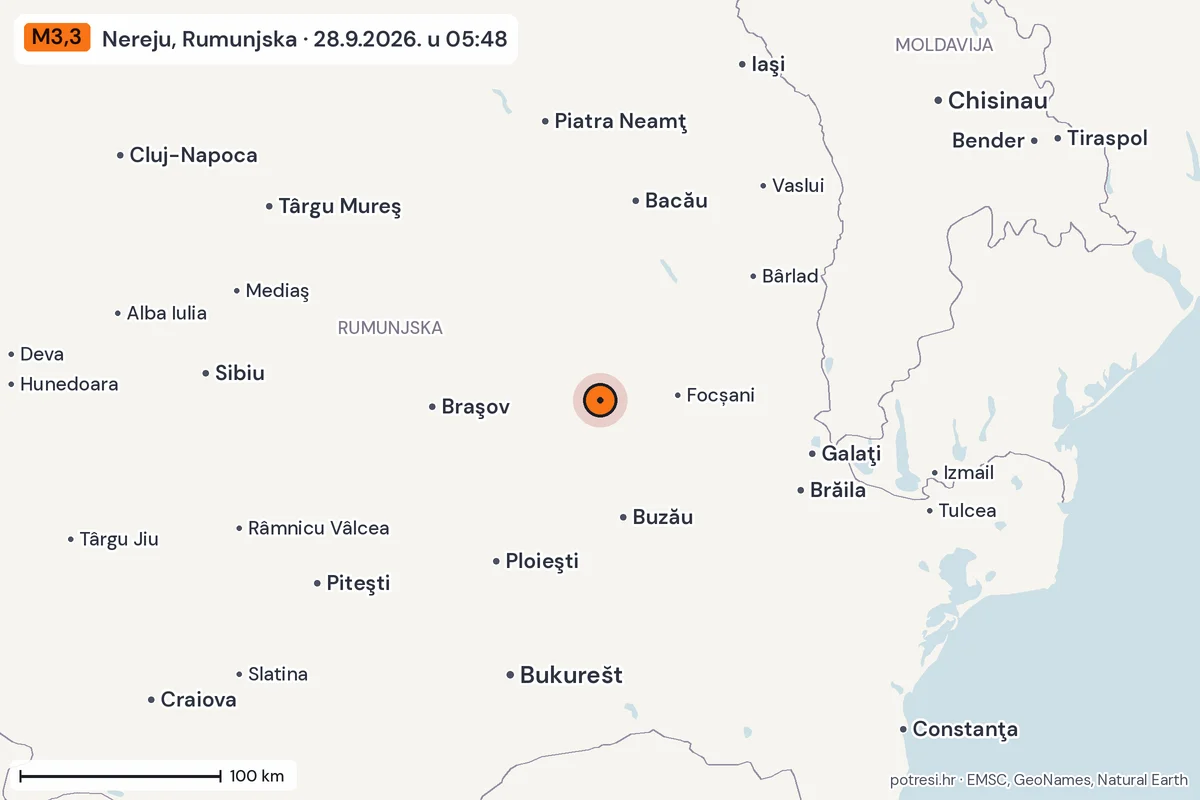 Karta: šire područje, 600 km, potres M3,3, Nereju, Rumunjska, 28.9.2026.