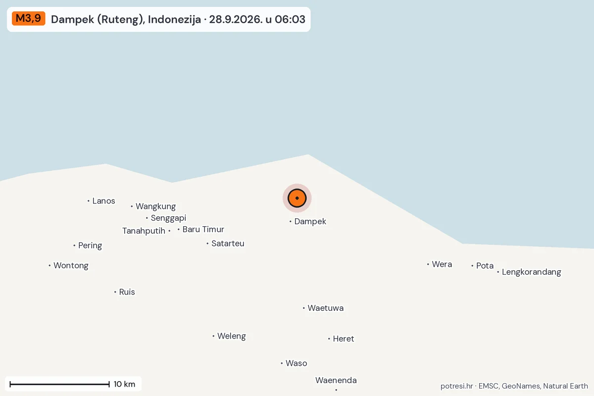 Karta: okolica epicentra, 60 km, potres M3,9, Dampek (Ruteng), Indonezija, 28.9.2026.