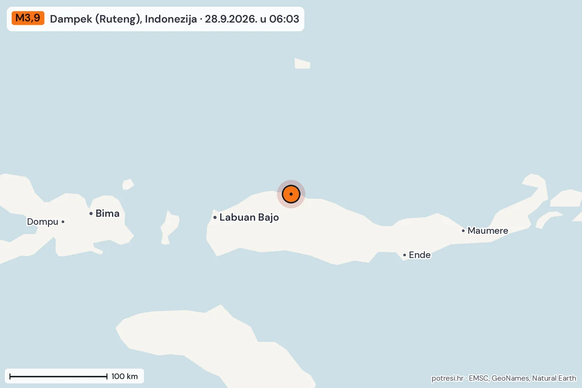 Karta: šire područje, 600 km, potres M3,9, Dampek (Ruteng), Indonezija, 28.9.2026.