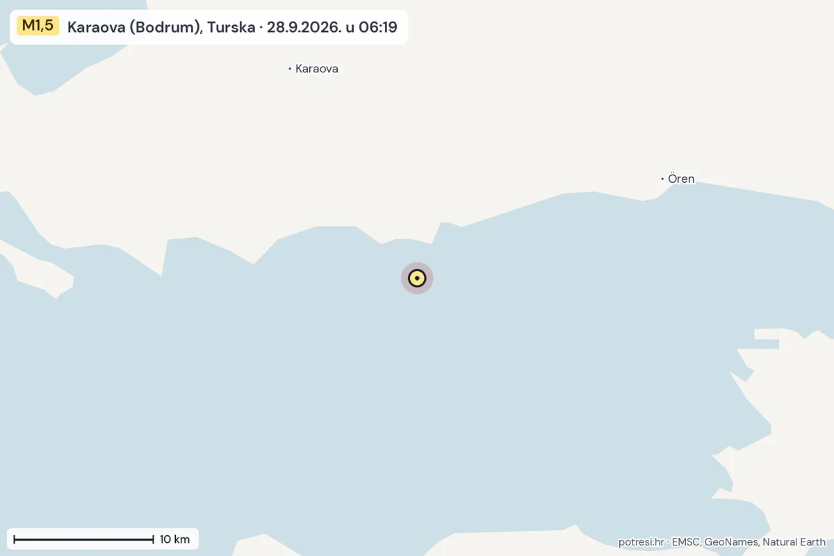 Karta: okolica epicentra, 60 km, potres M1,5, Karaova (Bodrum), Turska, 28.9.2026.
