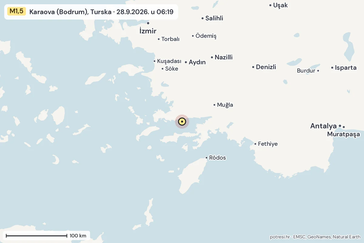 Karta: šire područje, 600 km, potres M1,5, Karaova (Bodrum), Turska, 28.9.2026.
