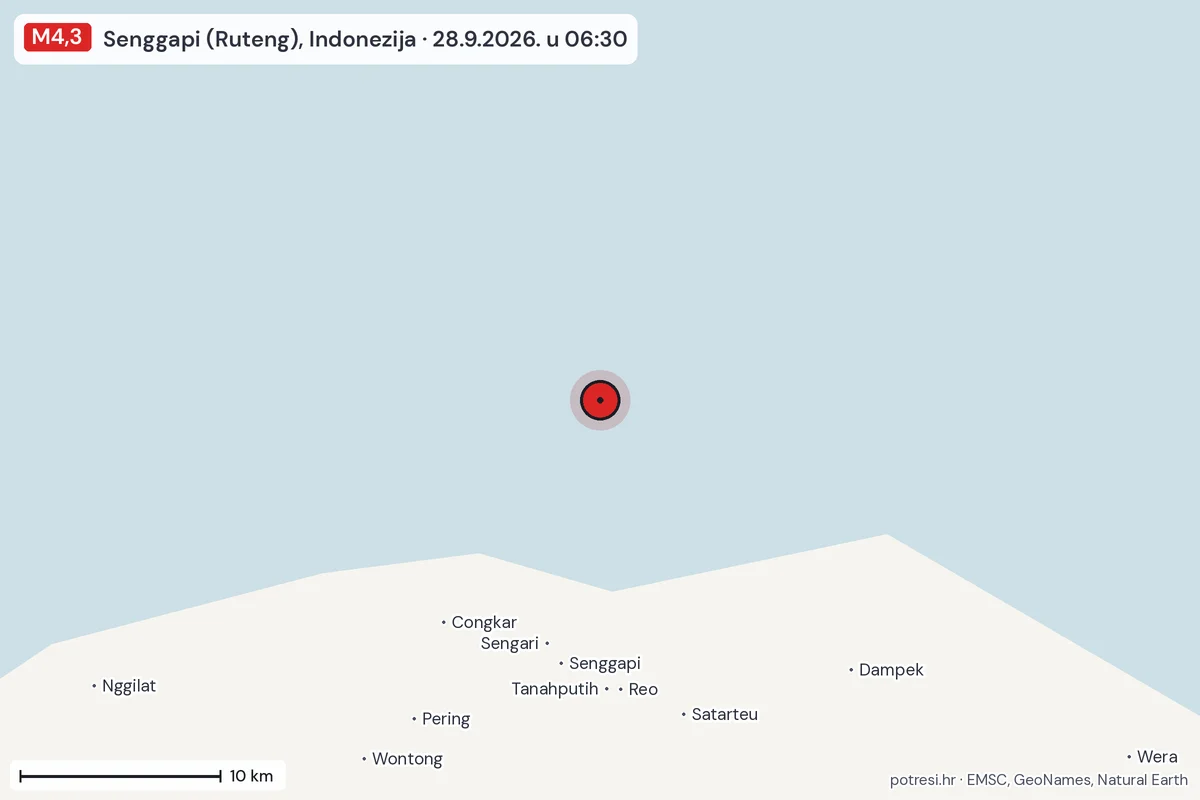Karta: okolica epicentra, 60 km, potres M4,3, Senggapi (Ruteng), Indonezija, 28.9.2026.