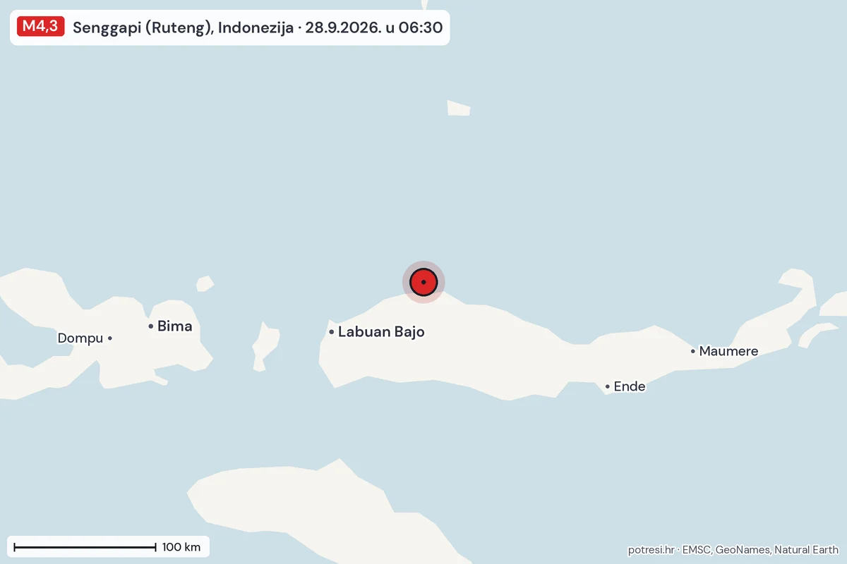 Karta: šire područje, 600 km, potres M4,3, Senggapi (Ruteng), Indonezija, 28.9.2026.