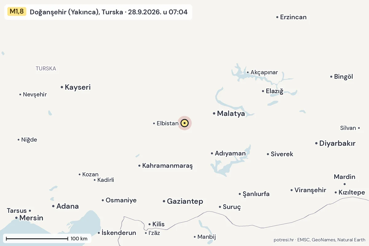 Karta: šire područje, 600 km, potres M1,8, Doğanşehir (Yakınca), Turska, 28.9.2026.
