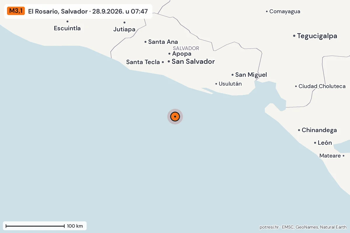 Karta: šire područje, 600 km, potres M3,1, El Rosario, Salvador, 28.9.2026.