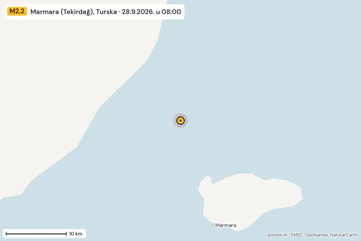Karta: okolica epicentra, 60 km, potres M2,2, Marmara (Tekirdağ), Turska, 28.9.2026.
