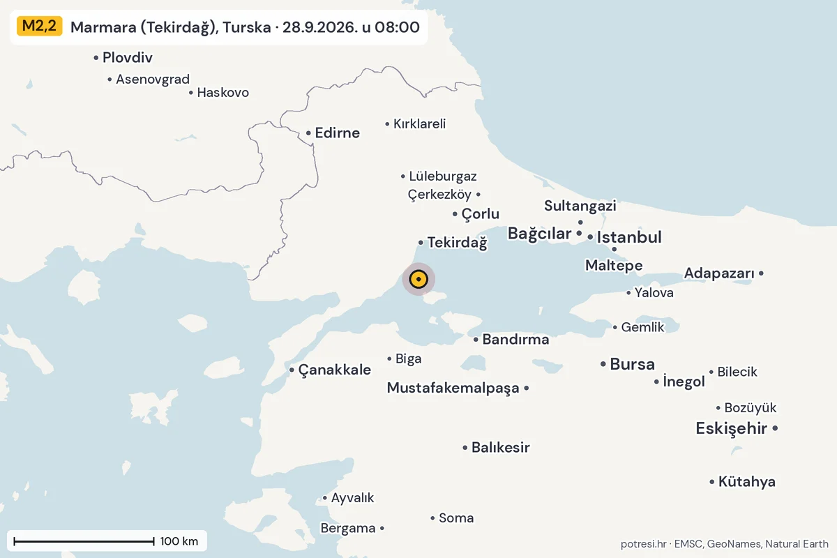 Karta: šire područje, 600 km, potres M2,2, Marmara (Tekirdağ), Turska, 28.9.2026.