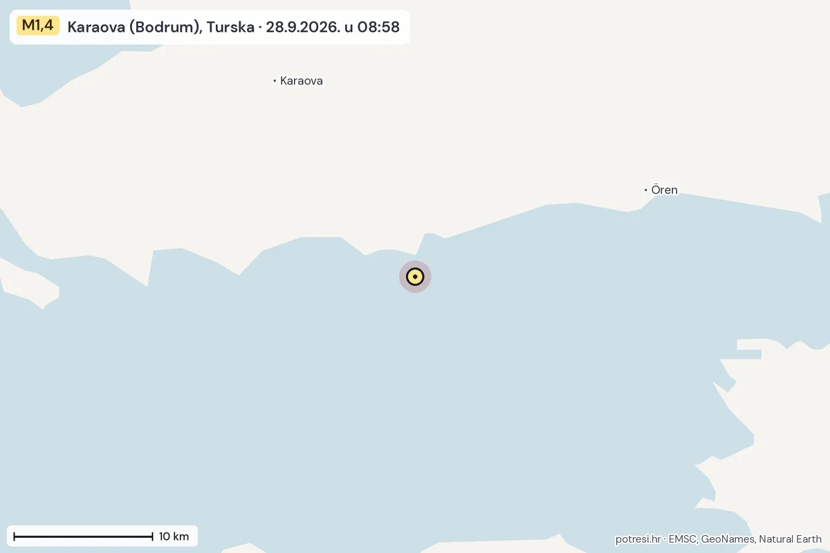 Karta: okolica epicentra, 60 km, potres M1,4, Karaova (Bodrum), Turska, 28.9.2026.