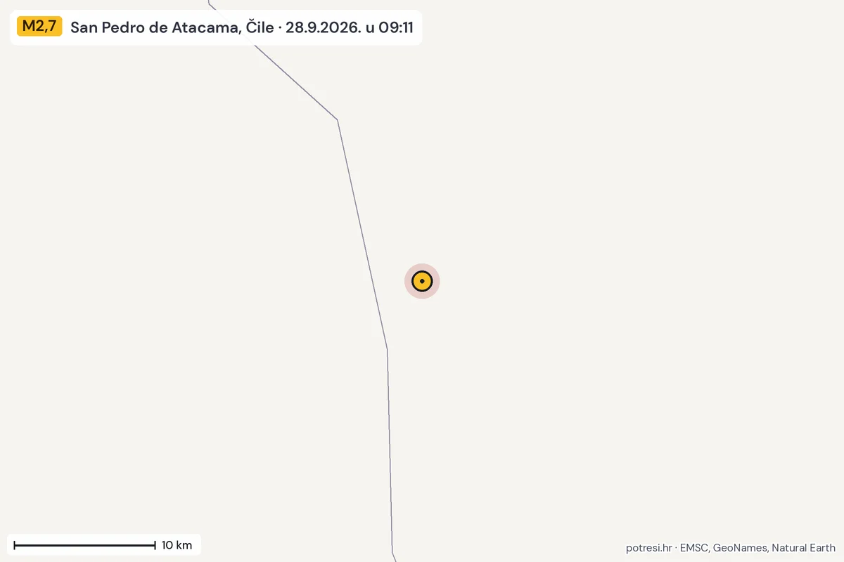 Karta: okolica epicentra, 60 km, potres M2,7, San Pedro de Atacama, Čile, 28.9.2026.