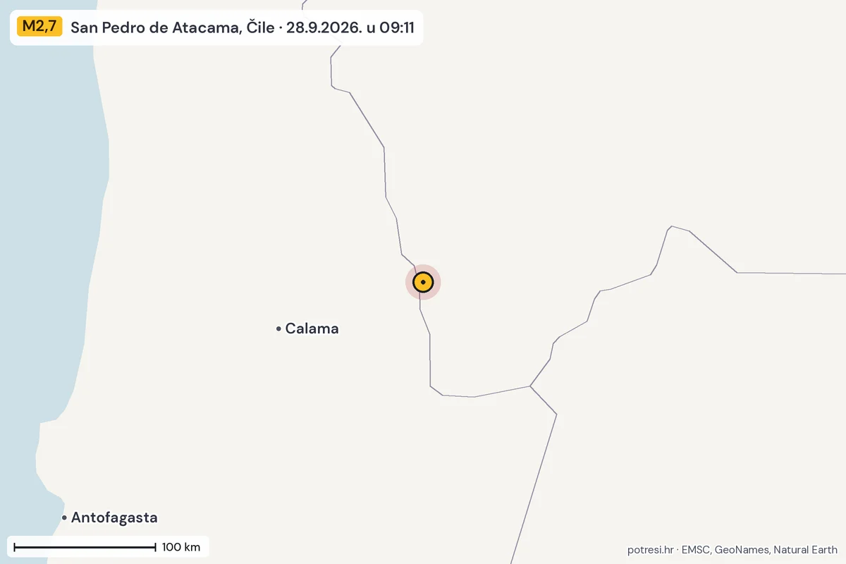 Karta: šire područje, 600 km, potres M2,7, San Pedro de Atacama, Čile, 28.9.2026.