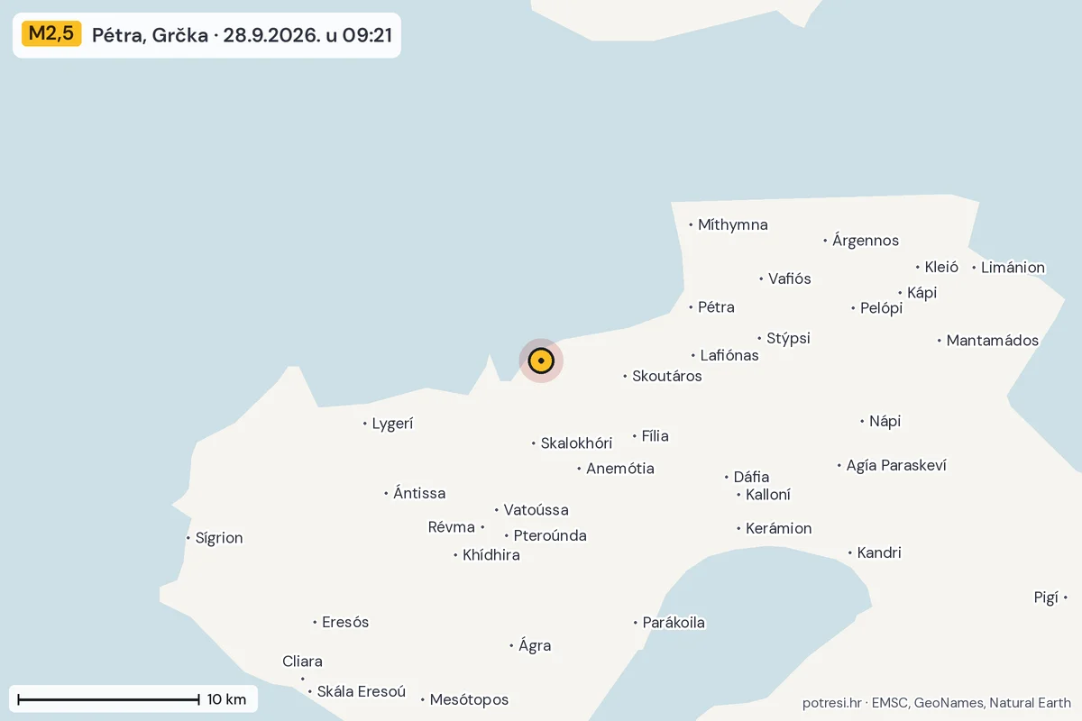 Karta: okolica epicentra, 60 km, potres M2,5, Pétra, Grčka, 28.9.2026.