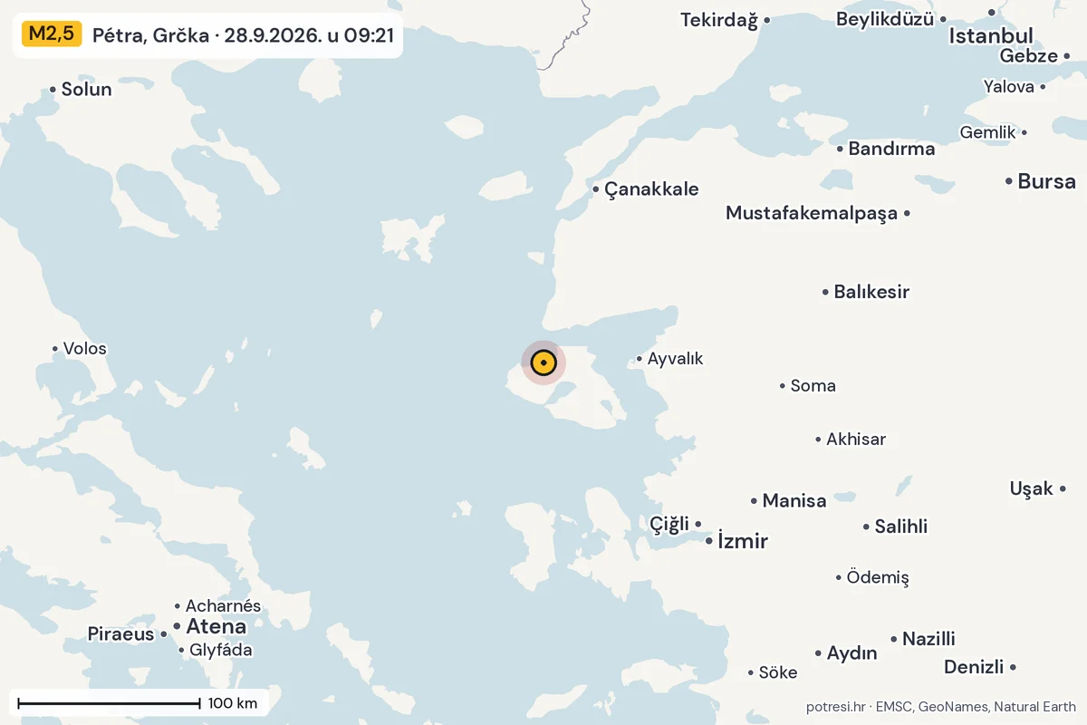 Karta: šire područje, 600 km, potres M2,5, Pétra, Grčka, 28.9.2026.