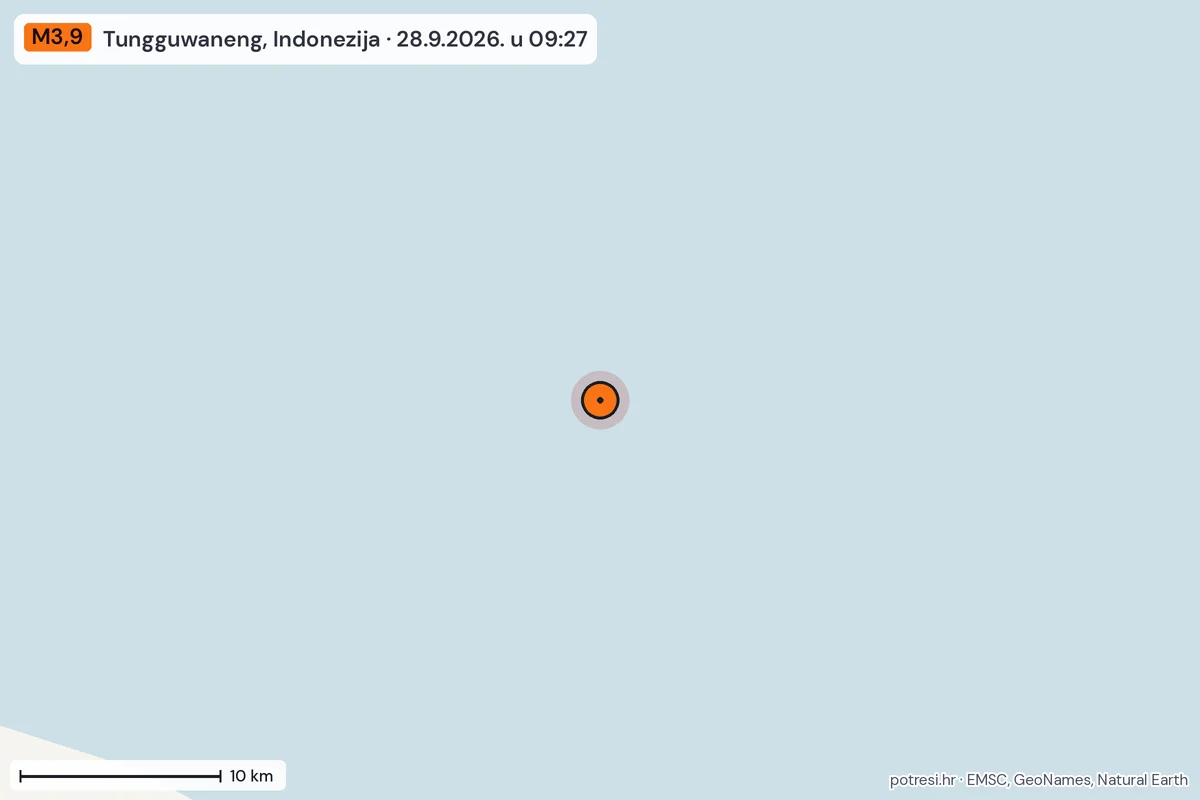 Karta: okolica epicentra, 60 km, potres M3,9, Tungguwaneng, Indonezija, 28.9.2026.