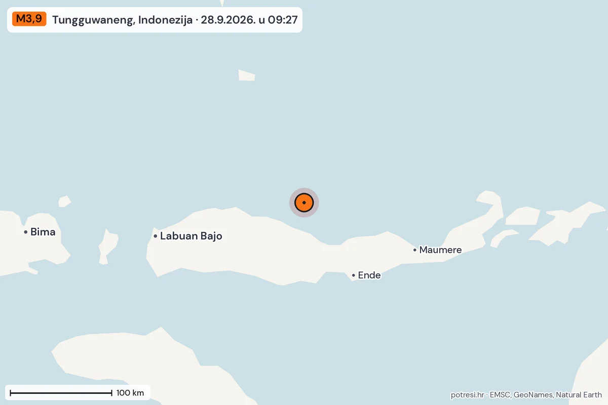 Karta: šire područje, 600 km, potres M3,9, Tungguwaneng, Indonezija, 28.9.2026.