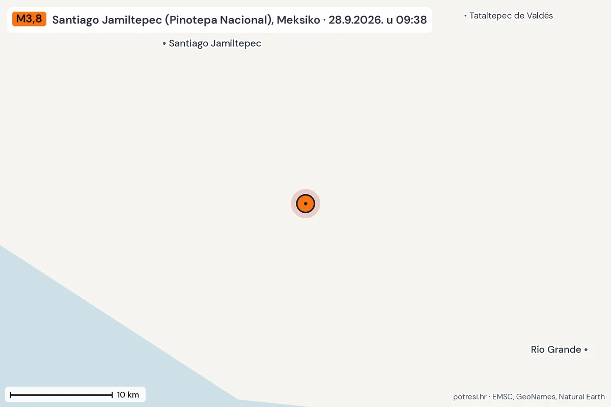 Karta: okolica epicentra, 60 km, potres M3,8, Santiago Jamiltepec (Pinotepa Nacional), Meksiko, 28.9.2026.
