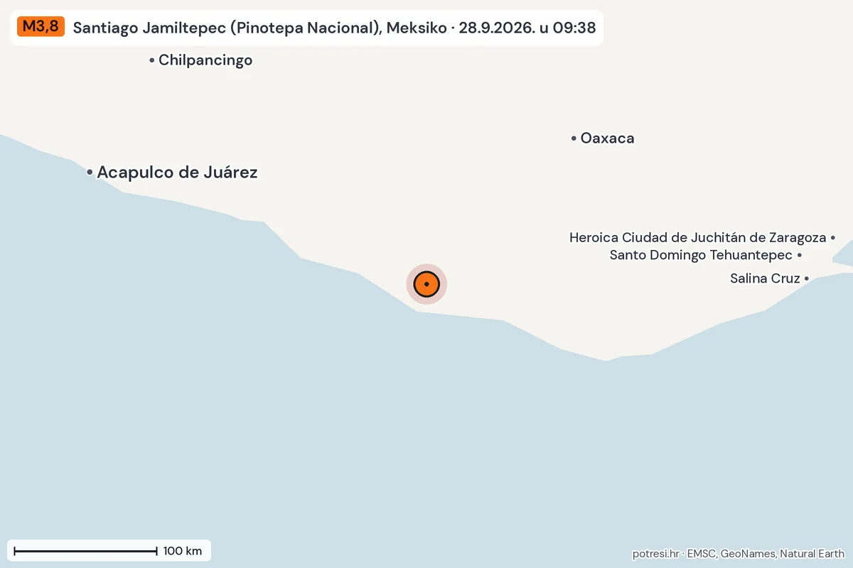 Karta: šire područje, 600 km, potres M3,8, Santiago Jamiltepec (Pinotepa Nacional), Meksiko, 28.9.2026.