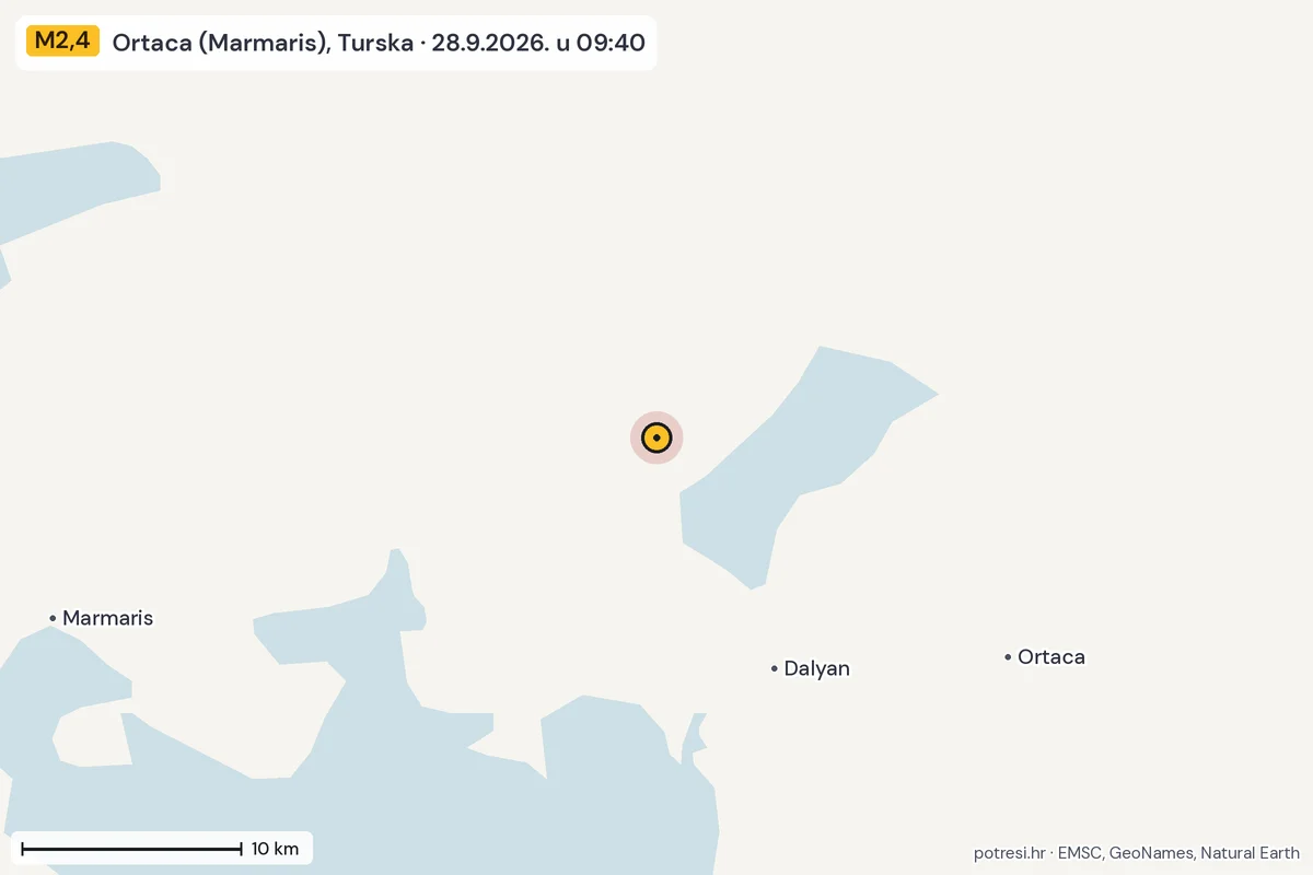 Karta: okolica epicentra, 60 km, potres M2,4, Ortaca (Marmaris), Turska, 28.9.2026.