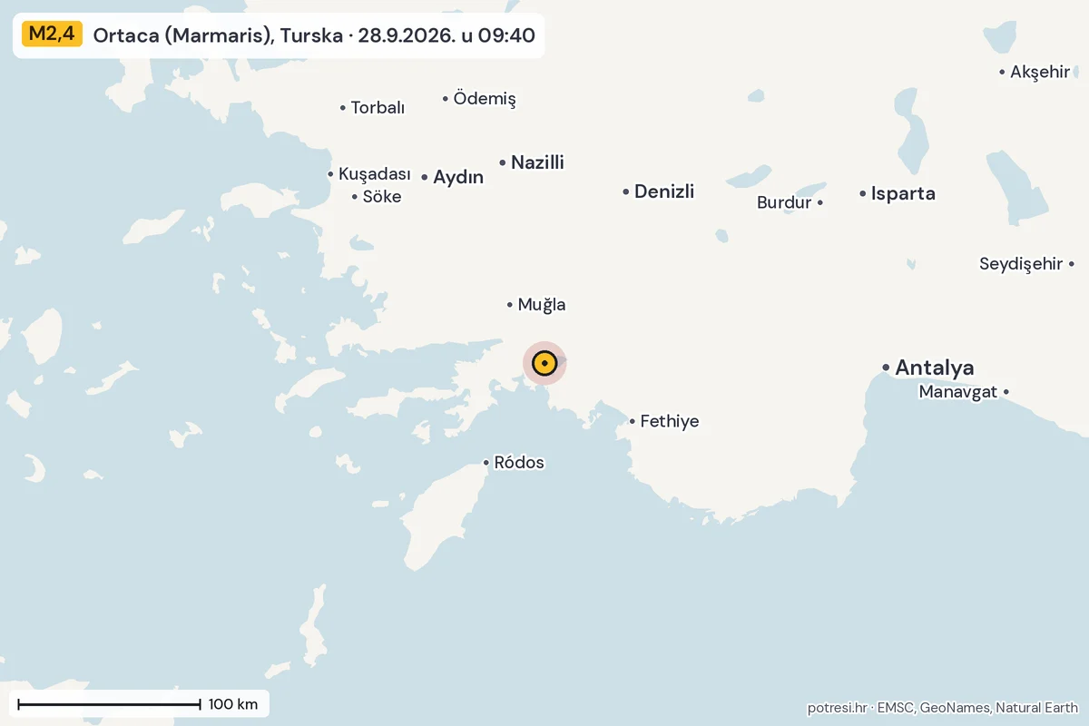 Karta: šire područje, 600 km, potres M2,4, Ortaca (Marmaris), Turska, 28.9.2026.