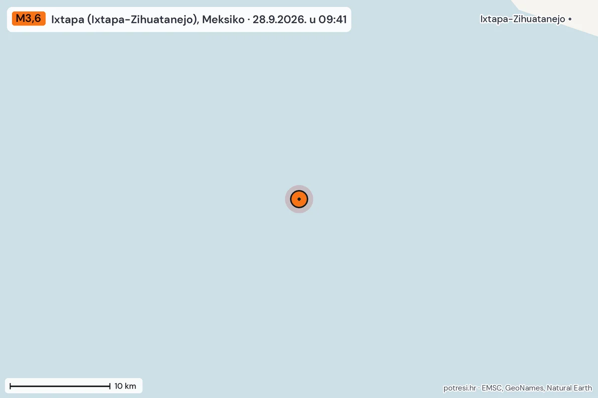 Karta: okolica epicentra, 60 km, potres M3,6, Ixtapa (Ixtapa-Zihuatanejo), Meksiko, 28.9.2026.