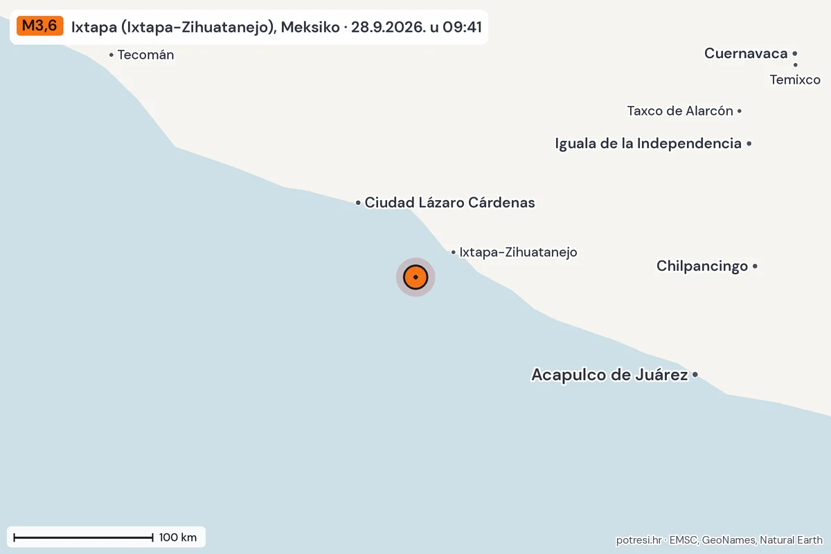 Karta: šire područje, 600 km, potres M3,6, Ixtapa (Ixtapa-Zihuatanejo), Meksiko, 28.9.2026.