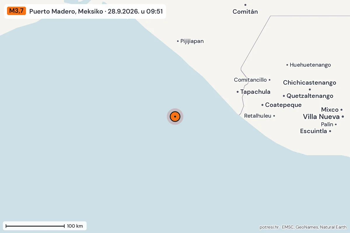 Karta: šire područje, 600 km, potres M3,7, Puerto Madero, Meksiko, 28.9.2026.