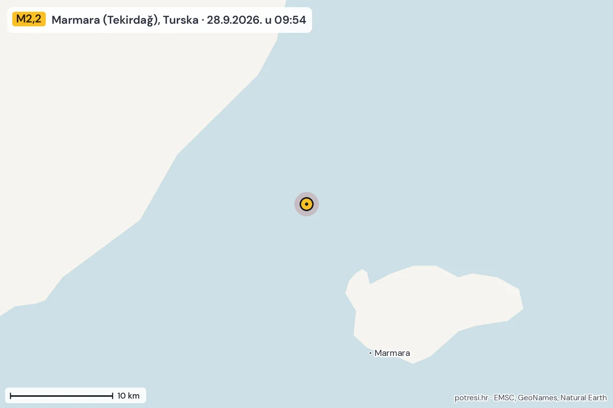 Karta: okolica epicentra, 60 km, potres M2,2, Marmara (Tekirdağ), Turska, 28.9.2026.