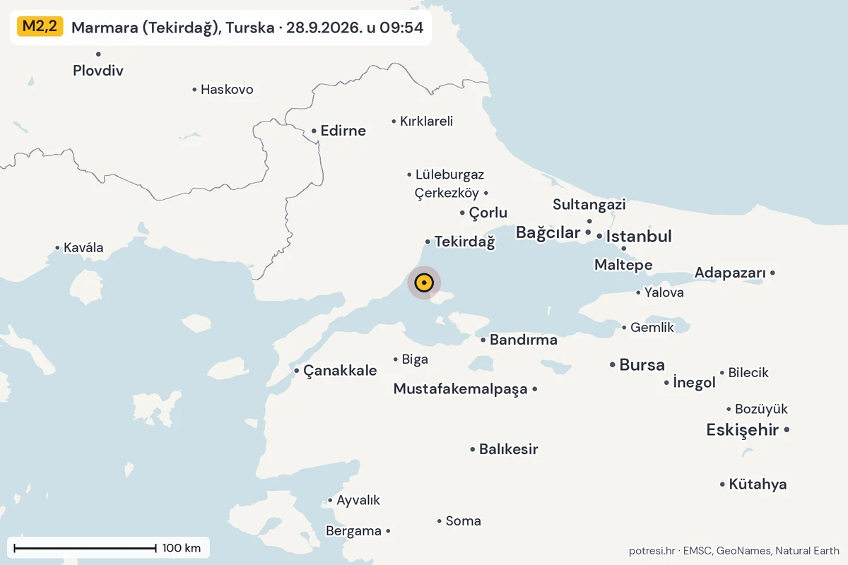Karta: šire područje, 600 km, potres M2,2, Marmara (Tekirdağ), Turska, 28.9.2026.