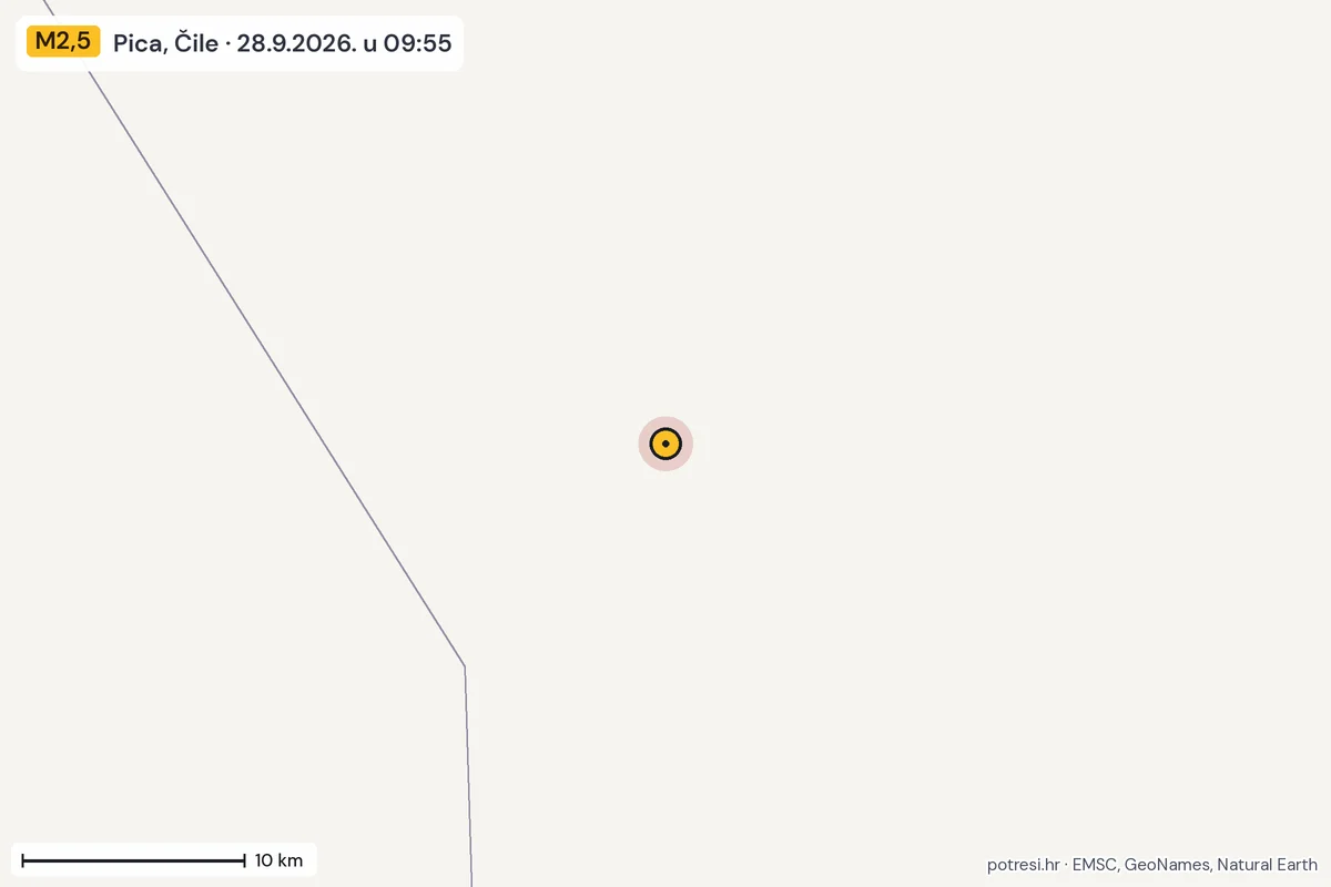 Karta: okolica epicentra, 60 km, potres M2,5, Pica, Čile, 28.9.2026.