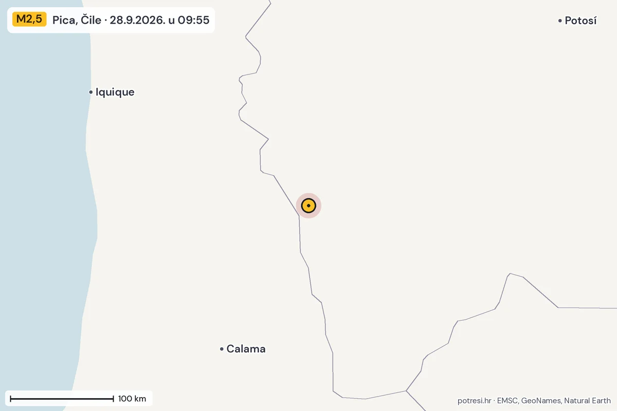 Karta: šire područje, 600 km, potres M2,5, Pica, Čile, 28.9.2026.