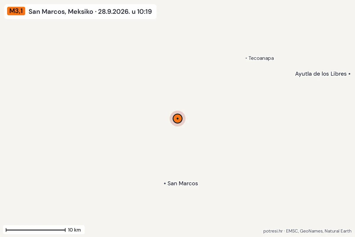 Karta: okolica epicentra, 60 km, potres M3,1, San Marcos, Meksiko, 28.9.2026.