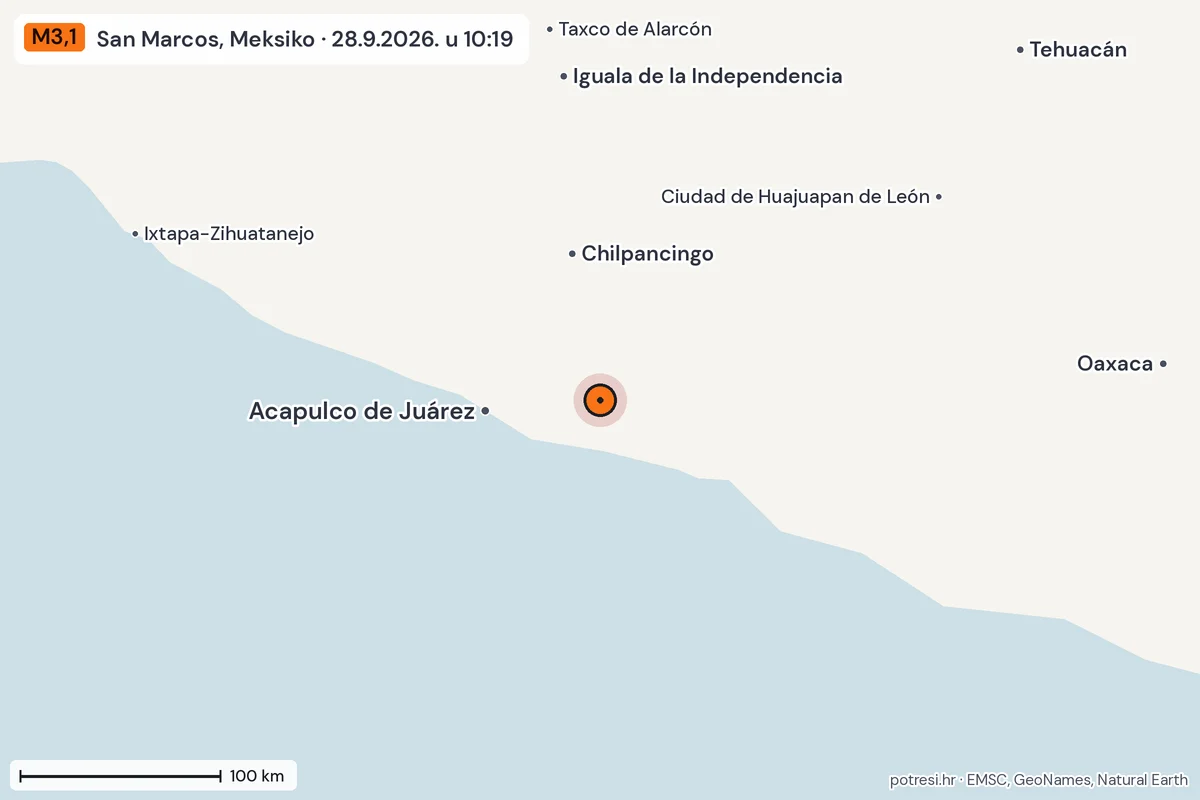 Karta: šire područje, 600 km, potres M3,1, San Marcos, Meksiko, 28.9.2026.