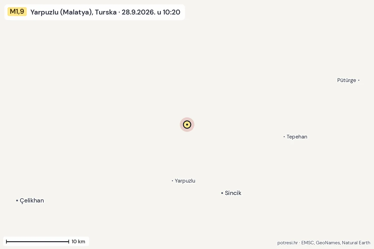 Karta: okolica epicentra, 60 km, potres M1,9, Yarpuzlu (Malatya), Turska, 28.9.2026.