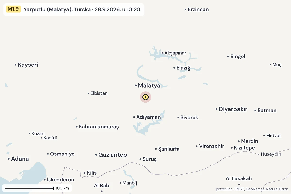 Karta: šire područje, 600 km, potres M1,9, Yarpuzlu (Malatya), Turska, 28.9.2026.
