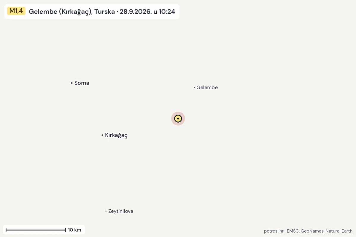 Karta: okolica epicentra, 60 km, potres M1,4, Gelembe (Kırkağaç), Turska, 28.9.2026.