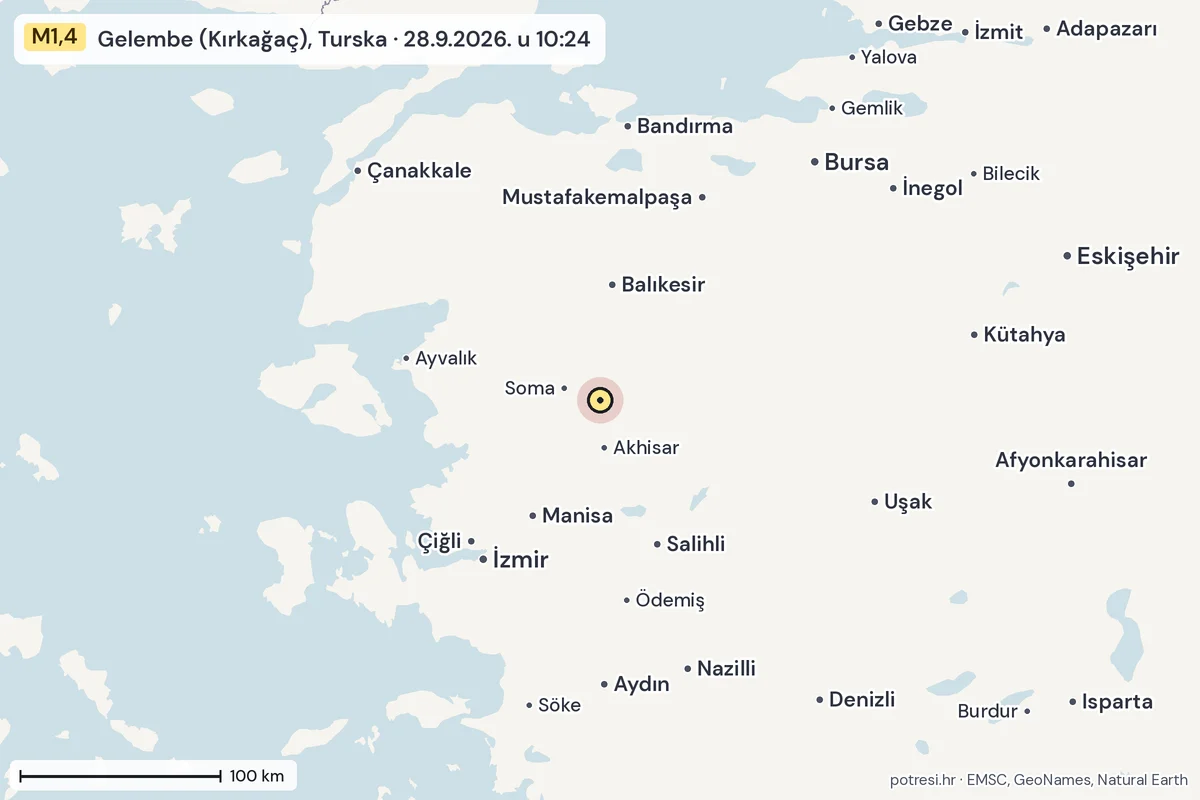 Karta: šire područje, 600 km, potres M1,4, Gelembe (Kırkağaç), Turska, 28.9.2026.