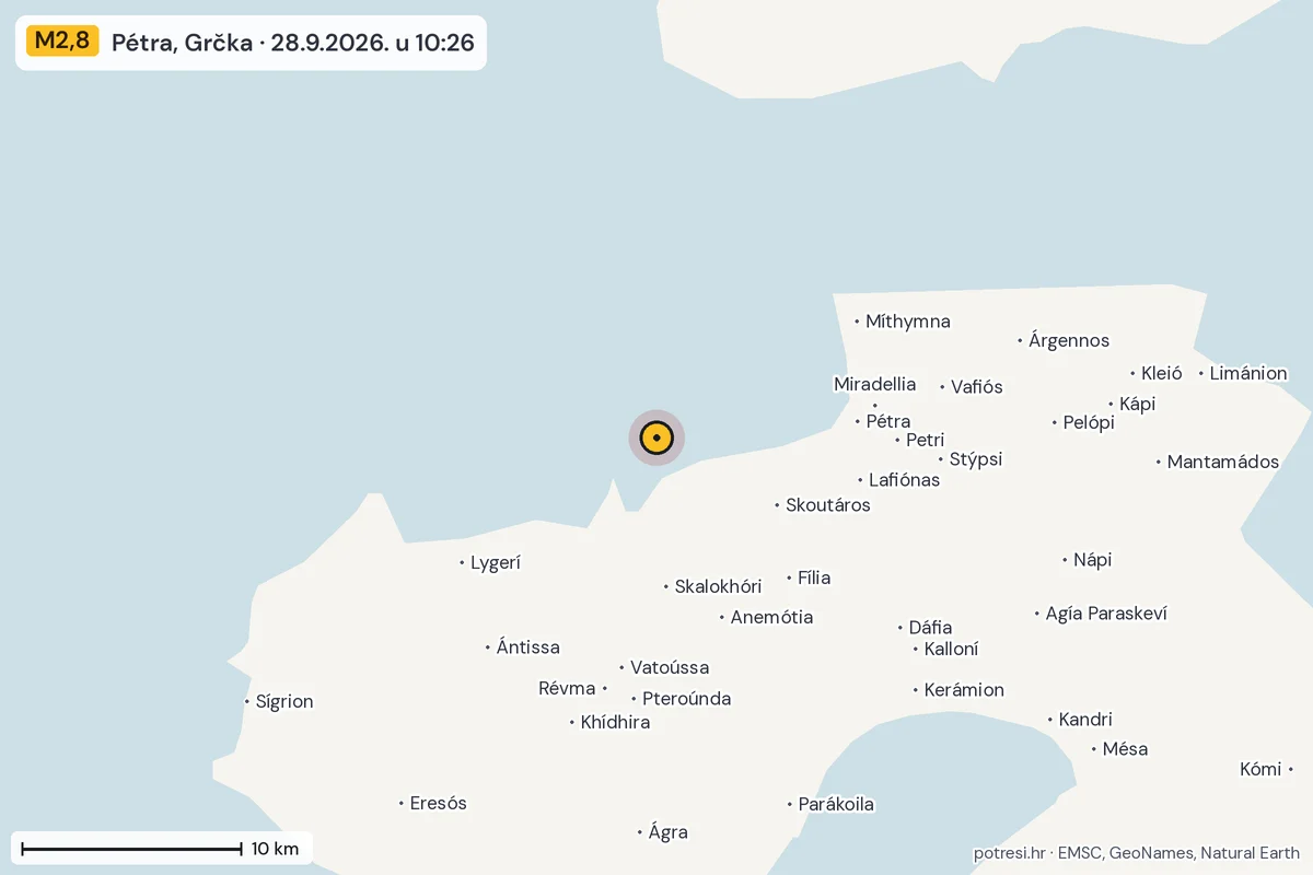 Karta: okolica epicentra, 60 km, potres M2,8, Pétra, Grčka, 28.9.2026.