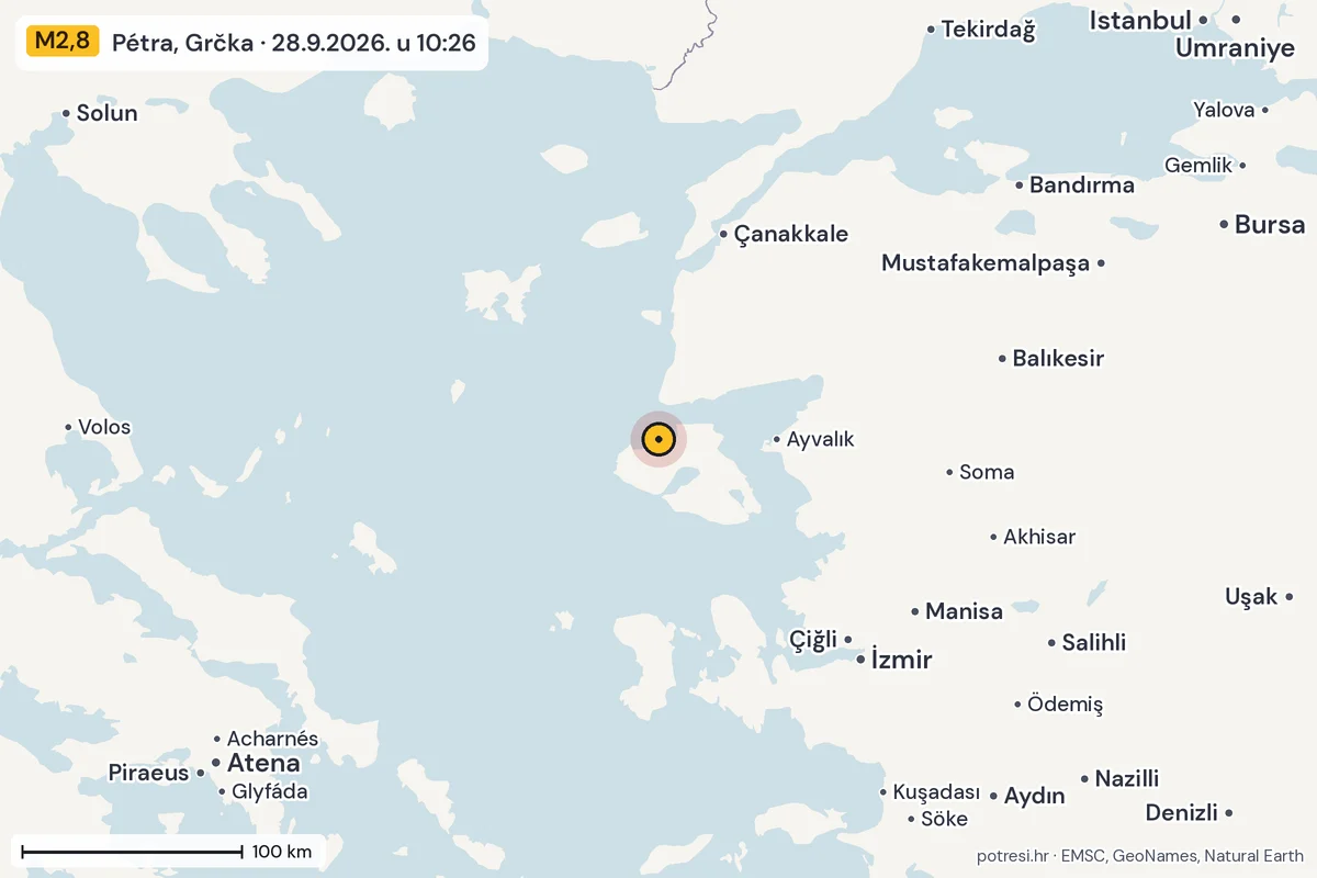 Karta: šire područje, 600 km, potres M2,8, Pétra, Grčka, 28.9.2026.