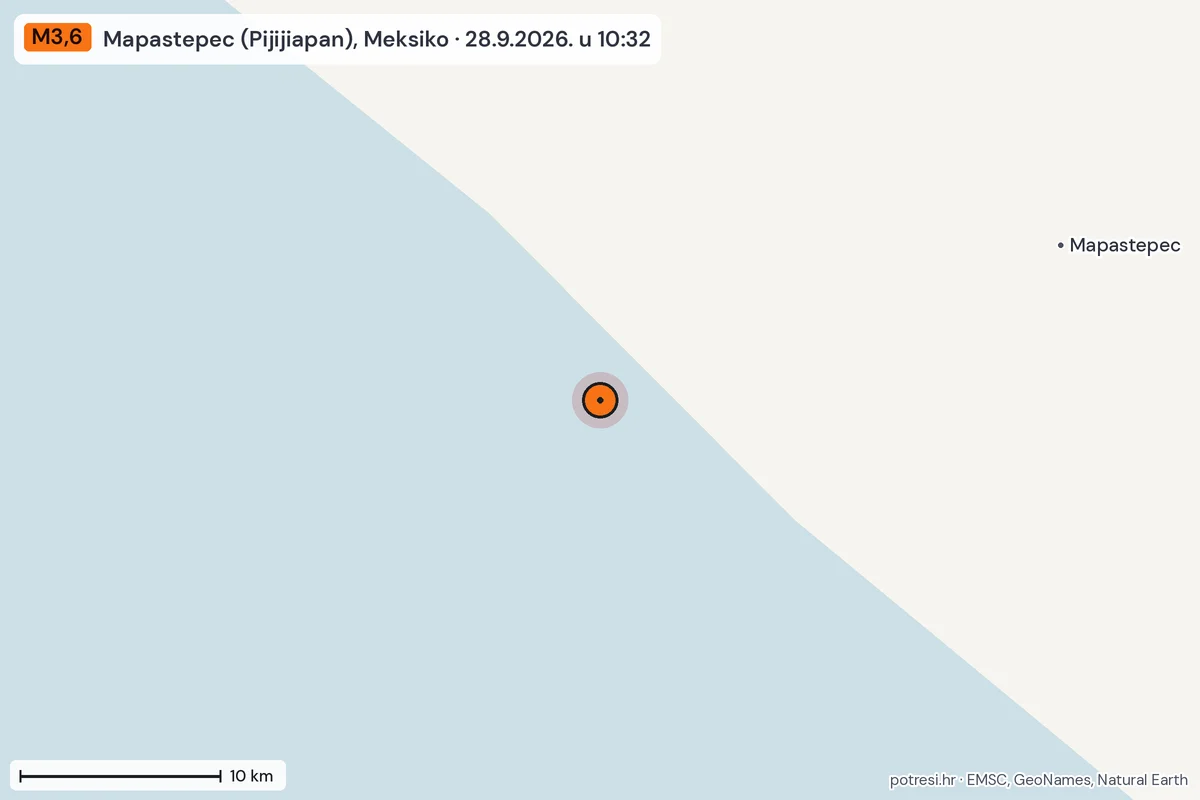 Karta: okolica epicentra, 60 km, potres M3,6, Mapastepec (Pijijiapan), Meksiko, 28.9.2026.