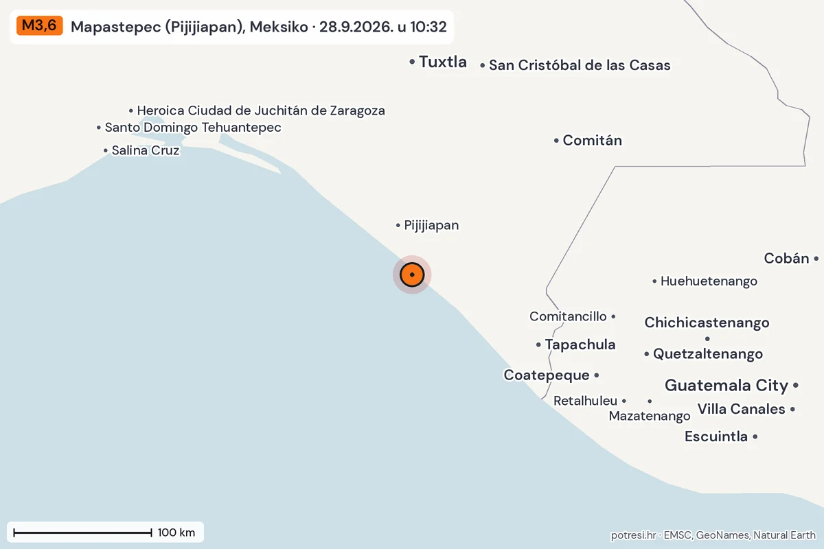Karta: šire područje, 600 km, potres M3,6, Mapastepec (Pijijiapan), Meksiko, 28.9.2026.